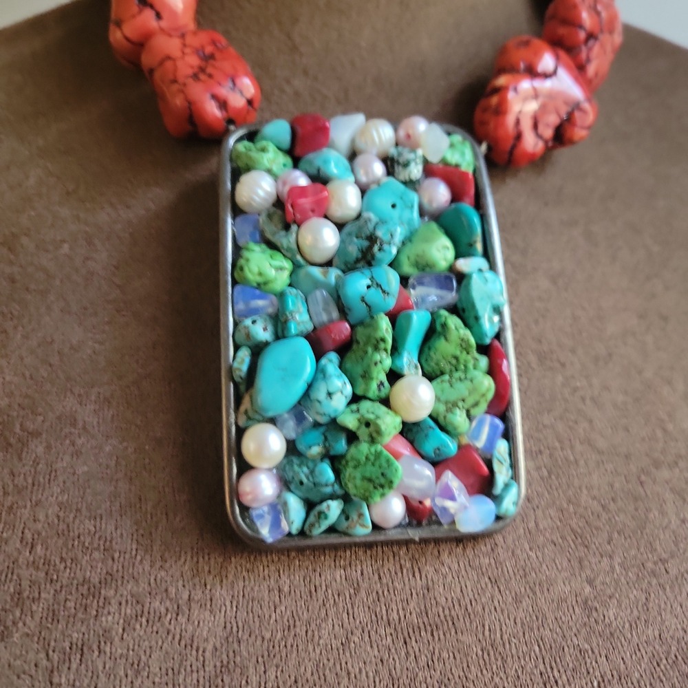 Chunky Faux Turquoise Coral Pearl Statement Necklace 18" 2x3.25" Pendant